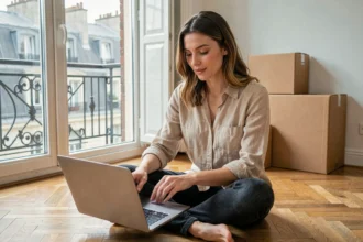 Jeune femme consultant des annonces immobilières locatives sur un ordinateur portable dans un appartement parisien style haussmannien