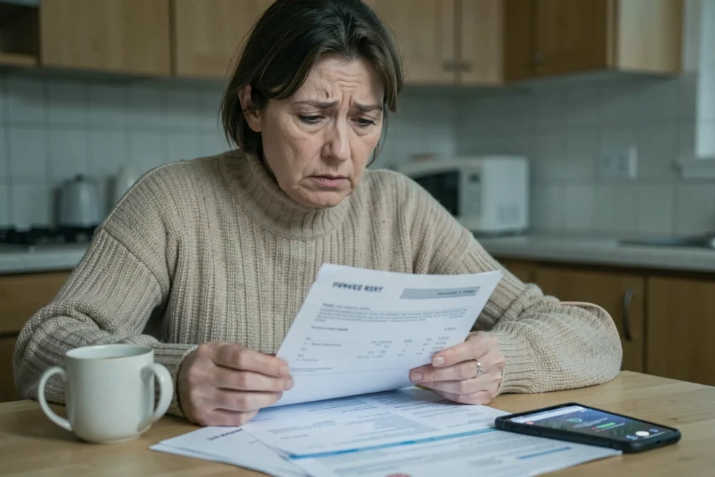 Locataire stressée face à des impayés de loyer et documents financiers sur une table de cuisine