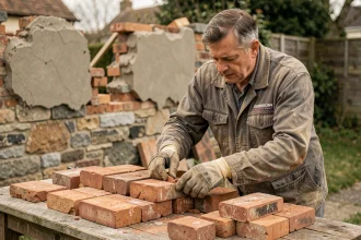 Maçon triant d'anciennes briques récupérées pour une extension de maison