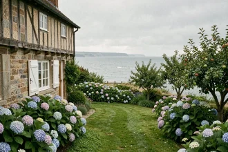 Maison normande en pierre avec jardin fleuri et vue sur la mer en Normandie