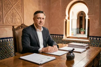 Notaire marocain examinant des documents juridiques pour l'achat d'un riad à Marrakech