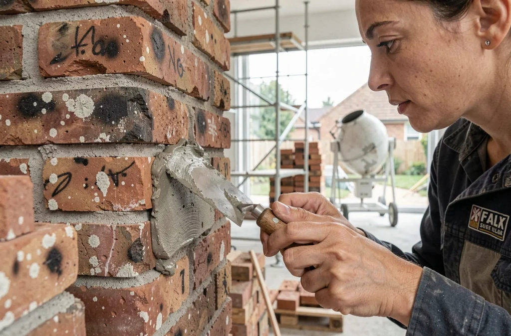Pose de briques de récupération avec mortier lors de la construction d'une extension
