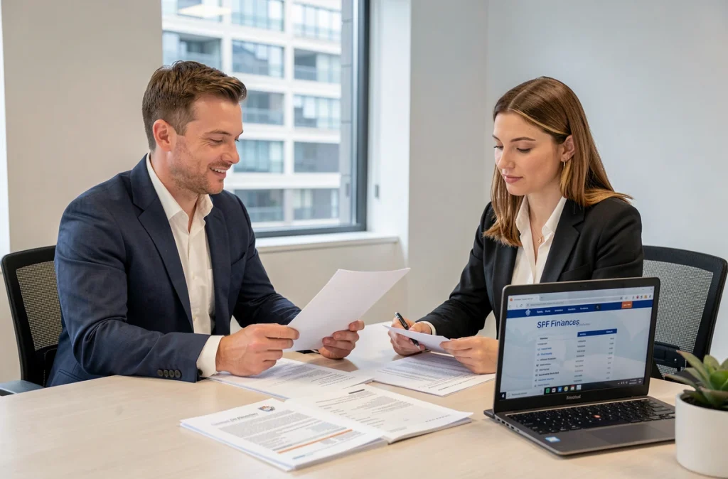 Deux professionnels consultant des documents du SPF et du cadastre pour identifier le propriétaire d'un bien immobilier