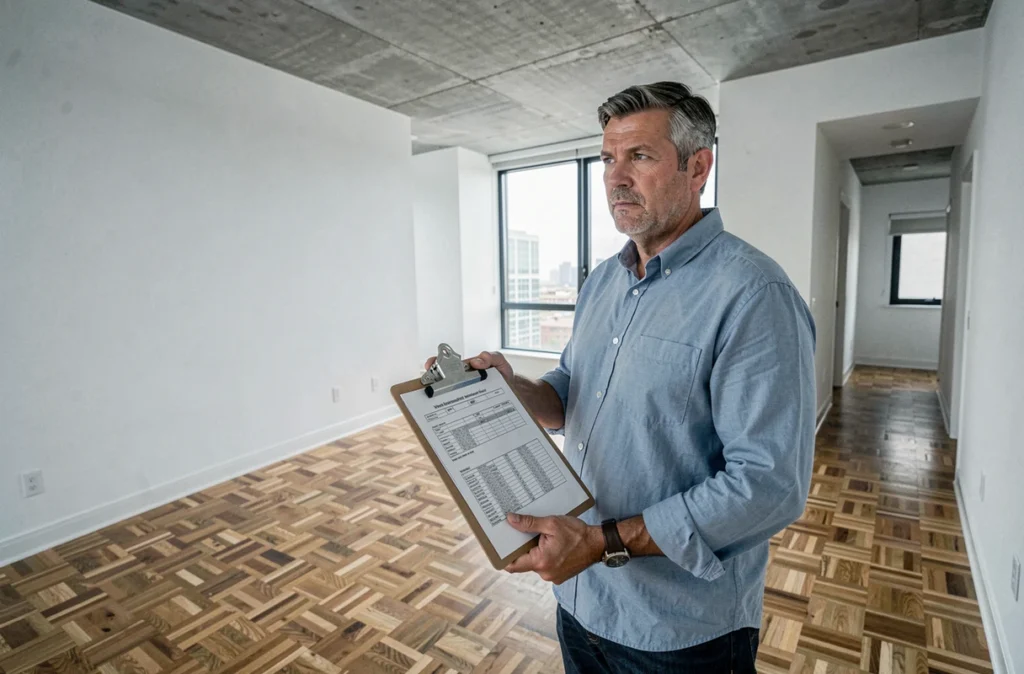 Propriétaire bailleur inspectant un appartement locatif vide avant mise en location avec des documents d'évaluation