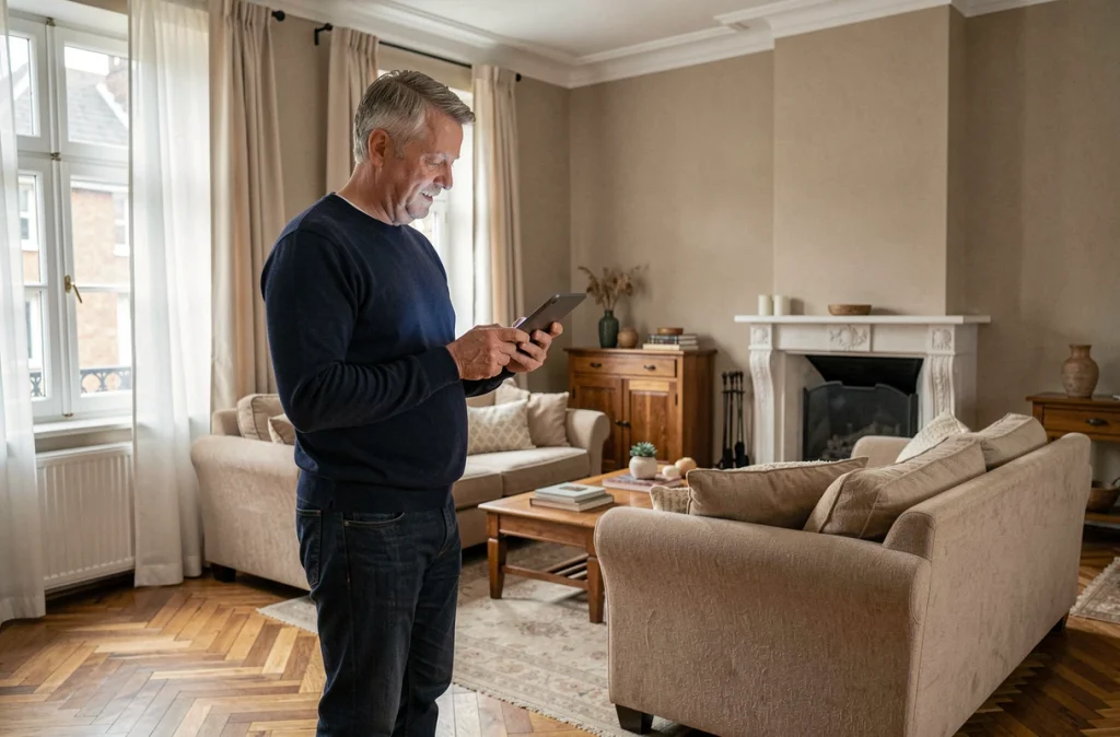 Propriétaire consultant un simulateur gratuit d'estimation immobilière sur tablette dans le salon de sa maison