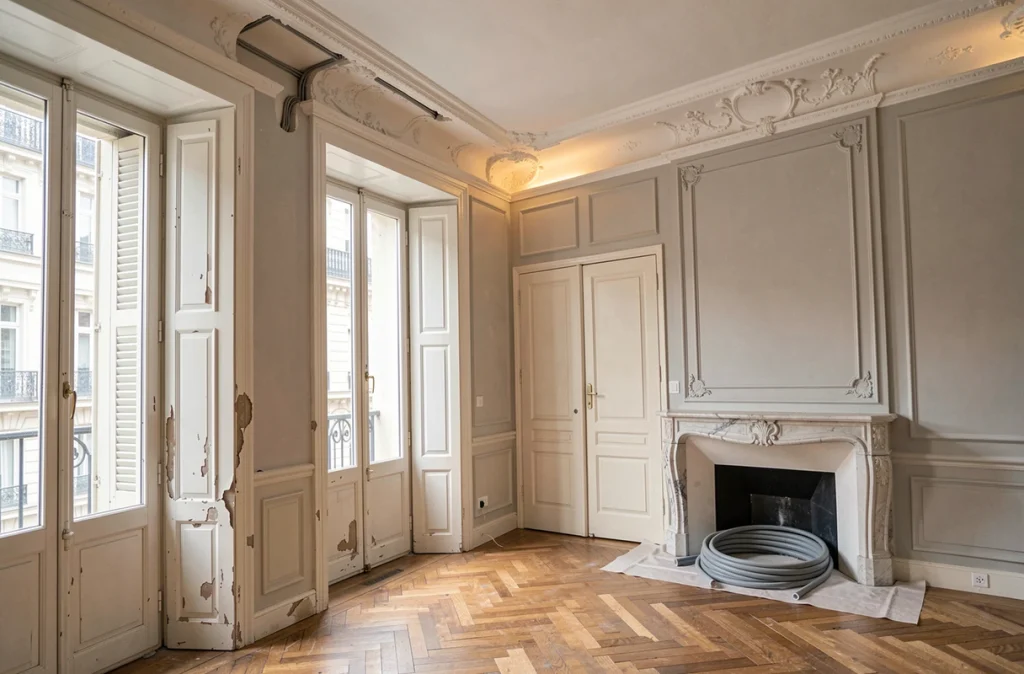 Rénovation électrique discrète dans un appartement haussmannien avec moulures en plâtre d'origine préservées
