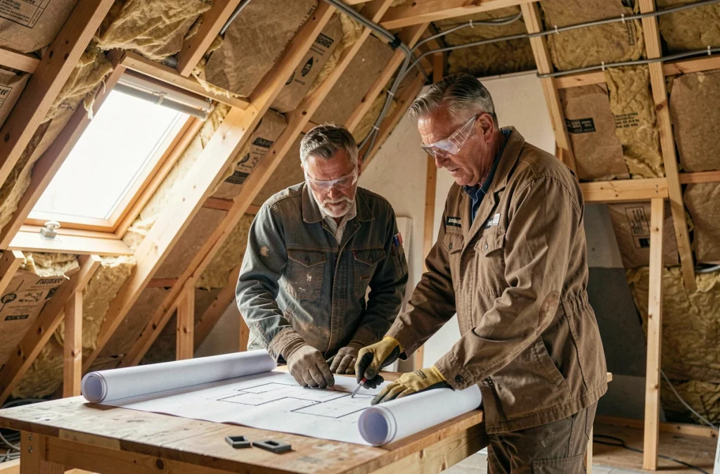 Artisans en train de rénover un grenier, examinant des plans de transformation sur chantier