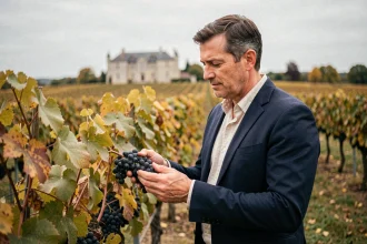 Entrepreneur non-vigneron découvrant un domaine viticole bordelais à reprendre, debout entre les rangées de vignes en automne