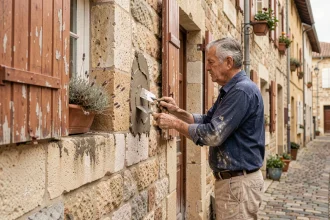 Artisan en train de restaurer une façade en pierre calcaire dans un village historique français, respectant les techniques traditionnelles de maçonnerie