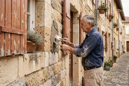 Artisan en train de restaurer une façade en pierre calcaire dans un village historique français, respectant les techniques traditionnelles de maçonnerie