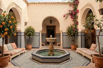 Patio intérieur d'un riad marocain en bord de mer avec fontaine en zellige, arches en stuc sculpté et végétation méditerranéenne, style Essaouira
