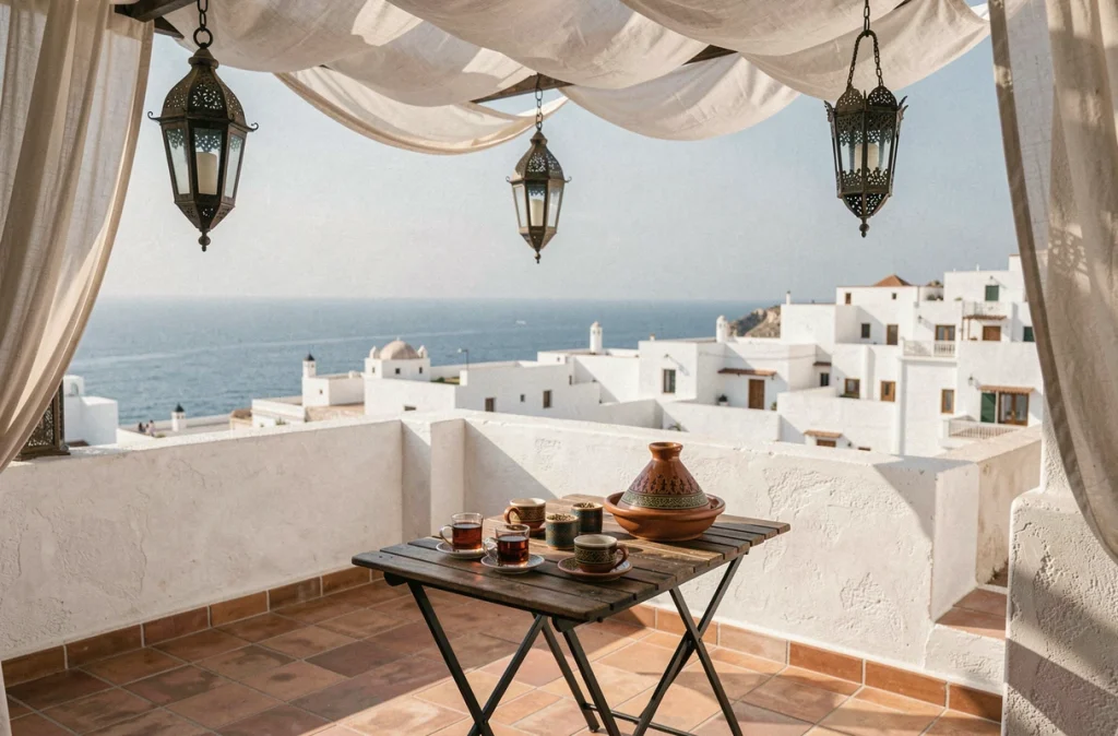 Terrasse d'un riad marocain en bord de mer avec vue sur la médina côtière et l'océan Atlantique, mobilier artisanal et lanterne en fer forgé