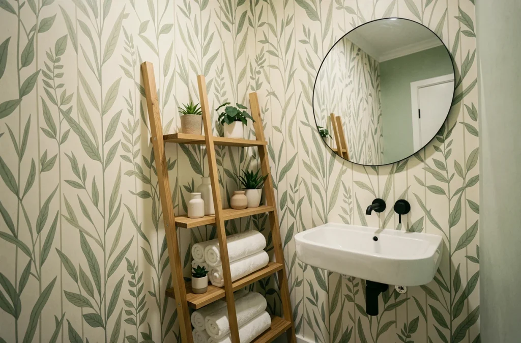 Salle de bain rafraîchie avec papier peint adhésif, accessoires modernes et décoration naturelle sans plomberie