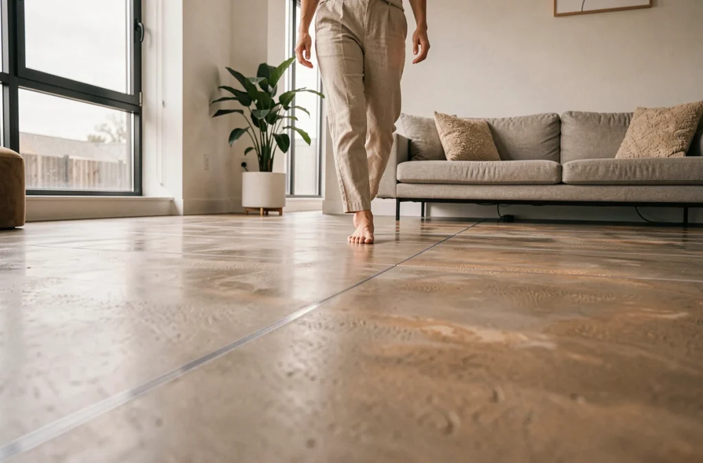 Femme marchant pieds nus sur un plancher chauffant en béton ciré dans un salon moderne et confortable
