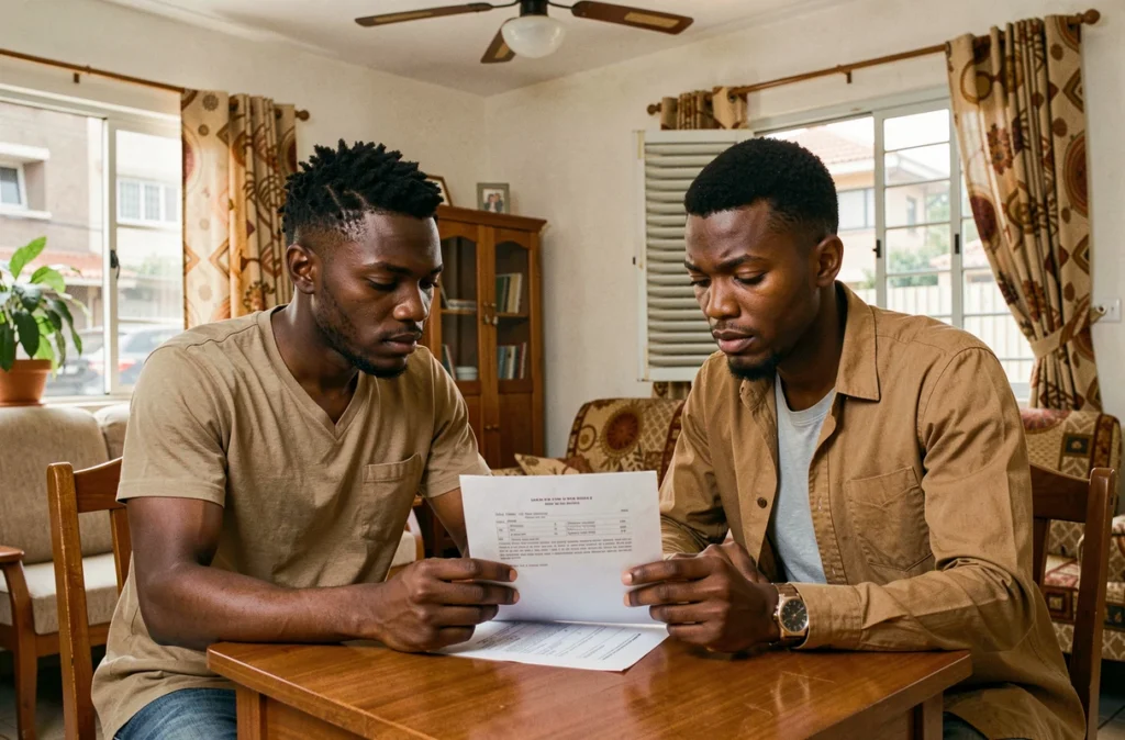 Couple ivoirien signant un contrat de location d'appartement à Abidjan dans le quartier Marcory