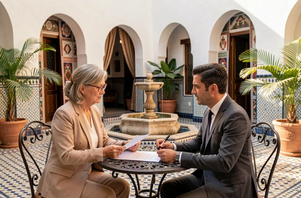Expatriée française signant un compromis de vente pour un riad avec un agent immobilier à Marrakech