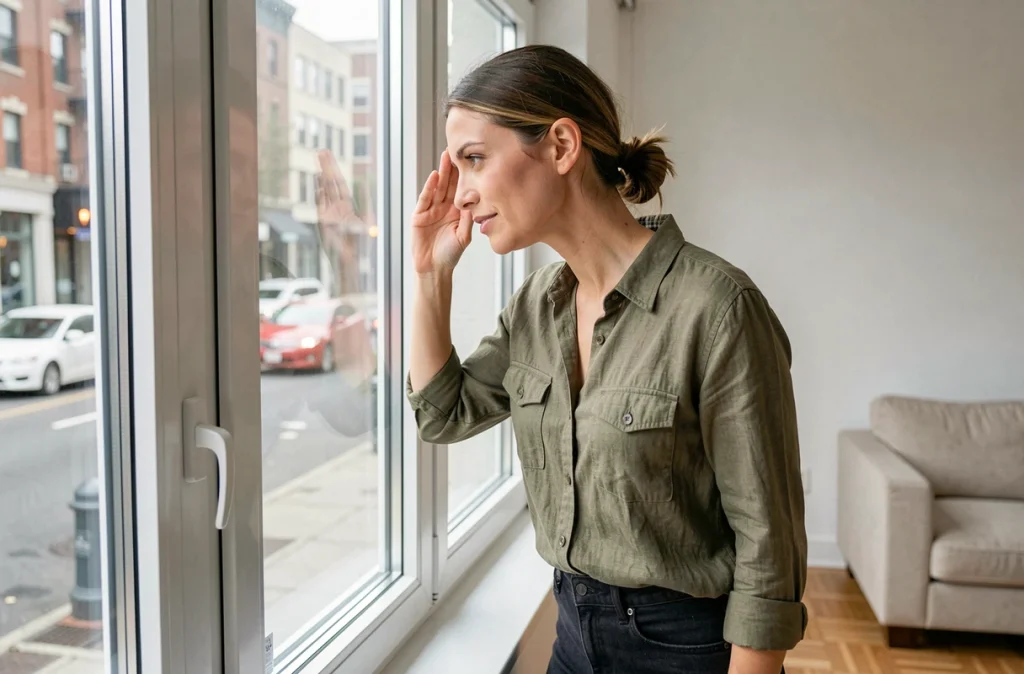 Femme testant l'isolation acoustique d'une fenêtre triple vitrage dans un appartement urbain rénové