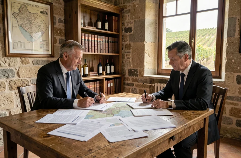 Réunion entre acheteur et notaire pour la reprise d'un domaine viticole bordelais, documents de vente étalés sur une table en chêne