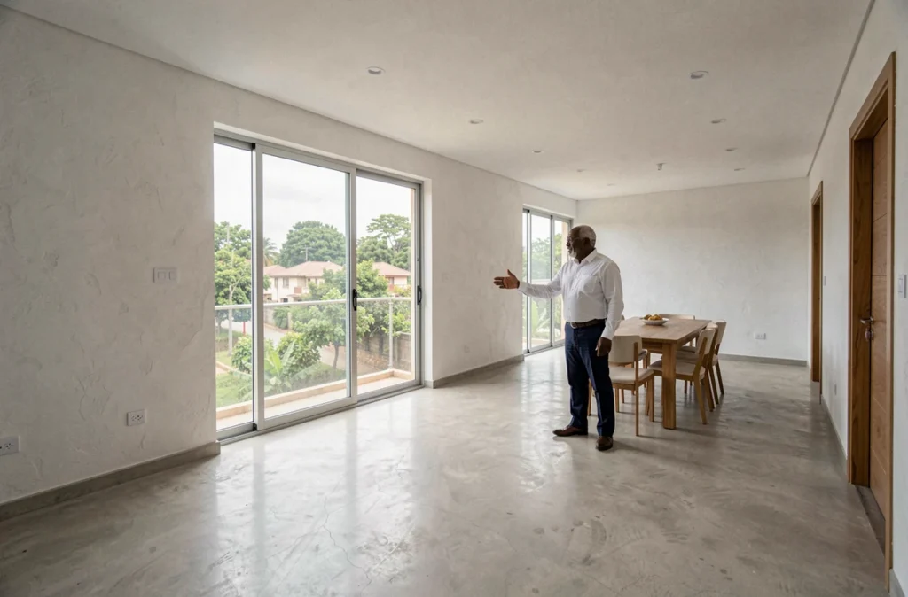 Agent immobilier présentant un appartement moderne vide à louer à Abidjan lors d'une visite