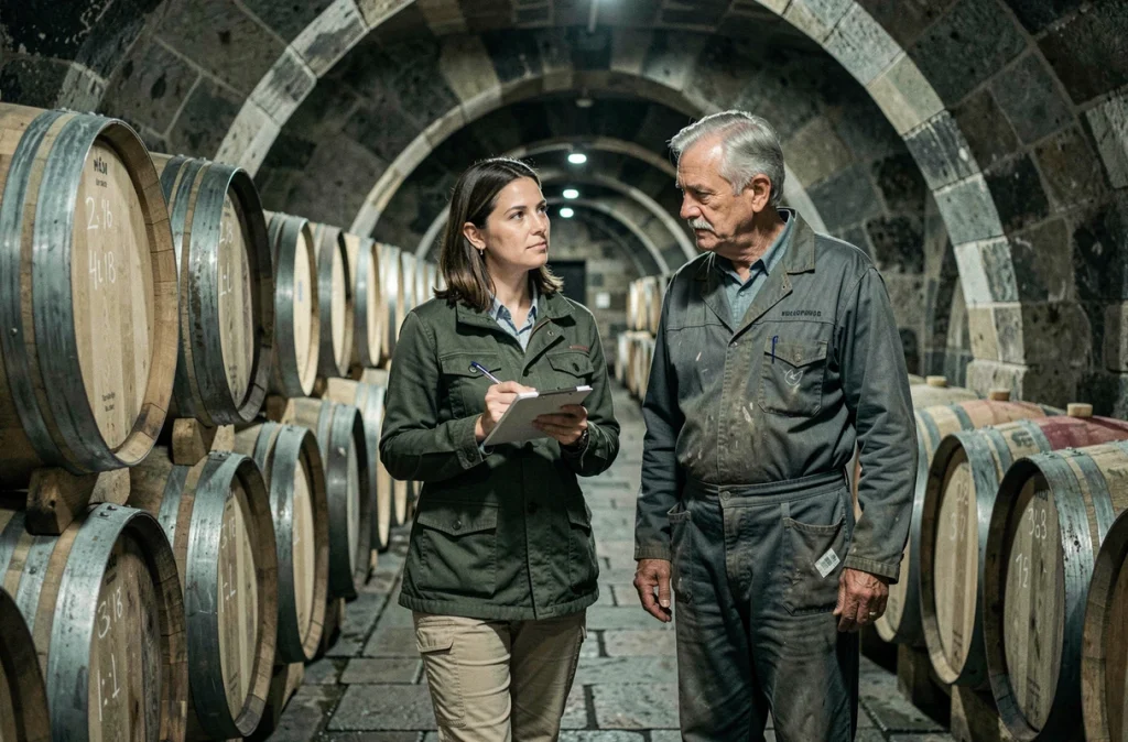 Future propriétaire visitant le chai d'un domaine viticole bordelais avec le vigneron lors d'une reprise de cave à barriques