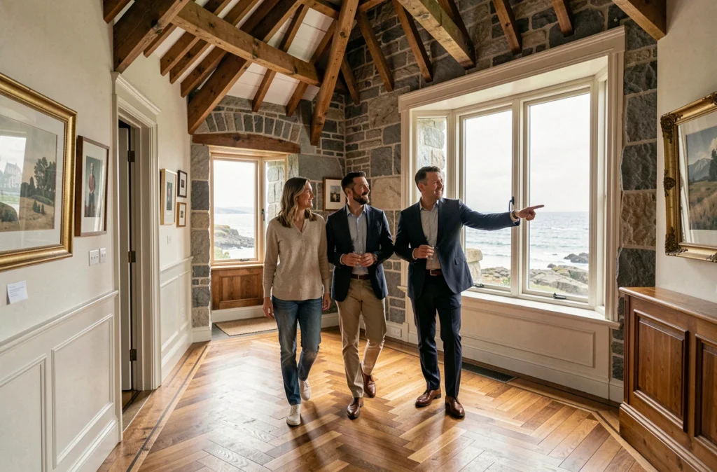 Couple visitant une résidence secondaire de prestige en bord de mer accompagné d'un agent immobilier