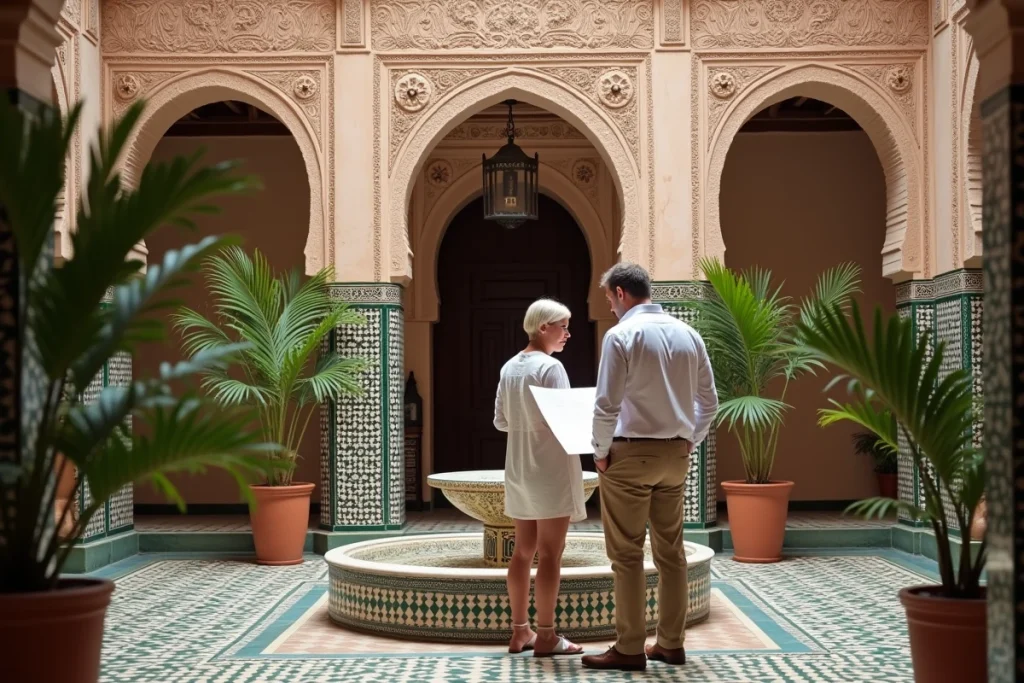 Un couple français visitant un riad traditionnel à Marrakech accompagné d'un agent immobilier local