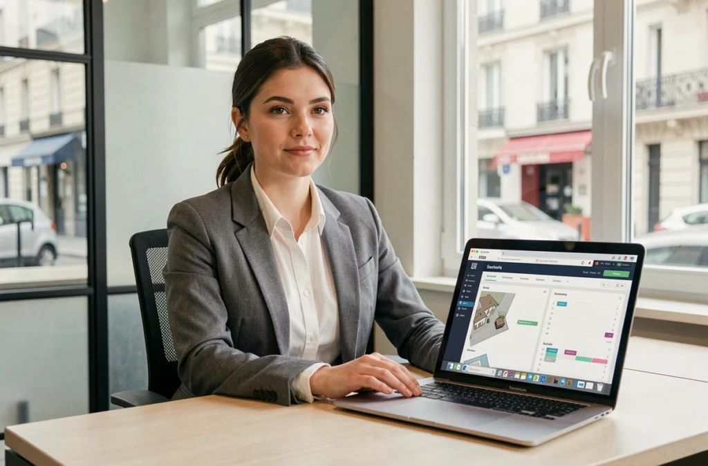 Professionnelle d'Agenda Diag planifiant des rendez-vous de diagnostic immobilier dans un bureau moderne du Pas-de-Calais