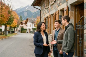 Agent immobilière PROX'IMMO accueillant un couple devant une maison en pierre à Voiron avec les collines en arrière-plan