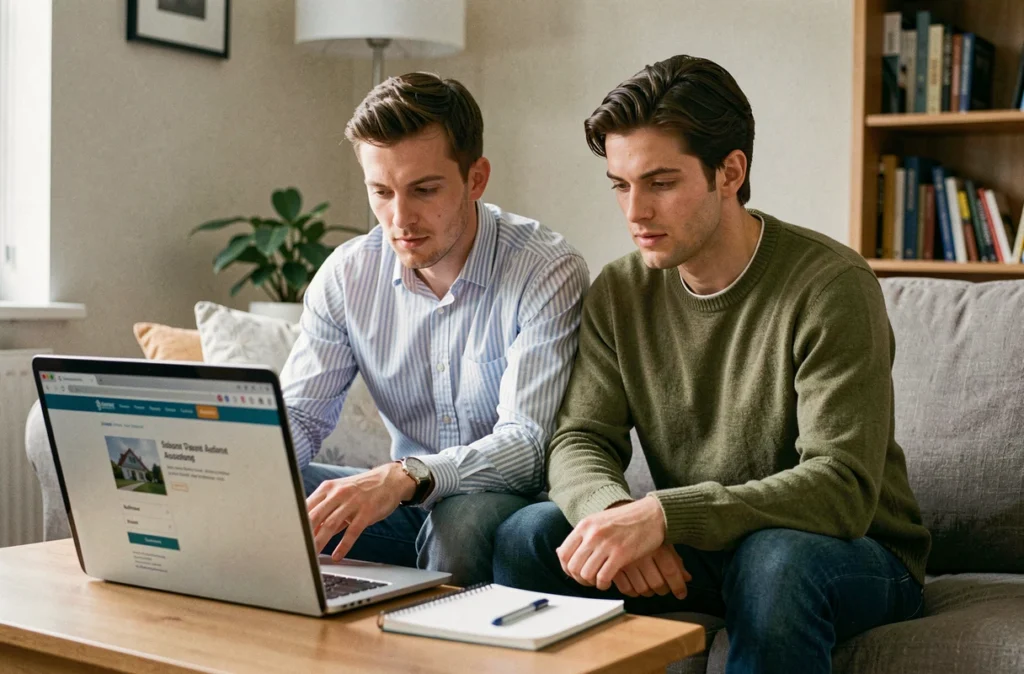 Couple recherchant en ligne les aides disponibles pour financer la caution d'un logement