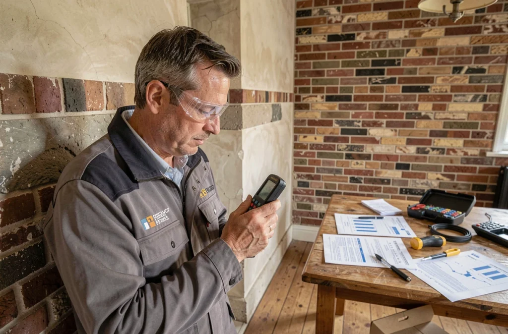 Expert diagnostiqueur ARH Diags-Expertises mesurant l'humidité d'un mur dans une maison du Pas-de-Calais