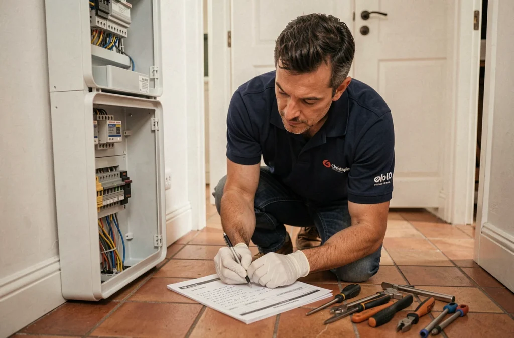 Christophe Diagnostic effectuant un contrôle du tableau électrique lors d'un diagnostic immobilier dans le Pas-de-Calais