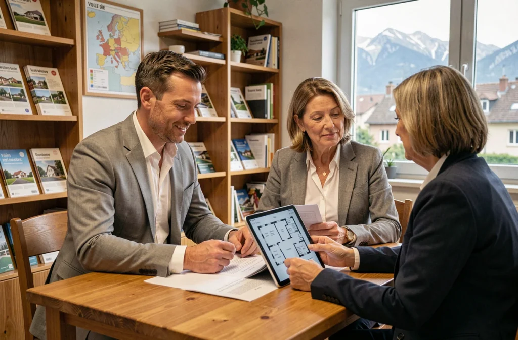 Conseiller immobilier de proximité en consultation avec un couple dans une agence immobilière à Voiron, documents et plan en main