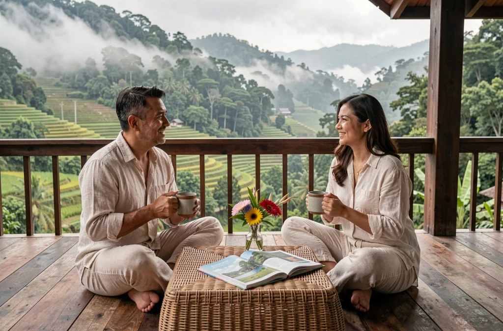 Couple se relaxant sur le balcon d'une villa thaïlandaise en bois avec vue panoramique sur les rizières et la jungle