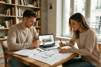 Couple de jeunes acheteurs consultant un site de recherche d'appartement sur ordinateur avec des plans imprimés sur la table