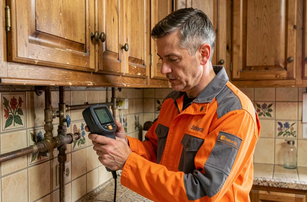 Diagnostiqueur Diagamter Arras inspectant une installation de gaz dans une cuisine résidentielle à Arras