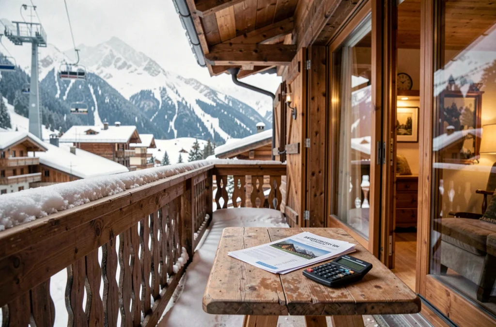 Chalet alpin dans les Alpes du Sud avec documents d'investissement locatif visibles à l'intérieur, illustrant l'activité de Domosno dans l'investissement immobilier montagne