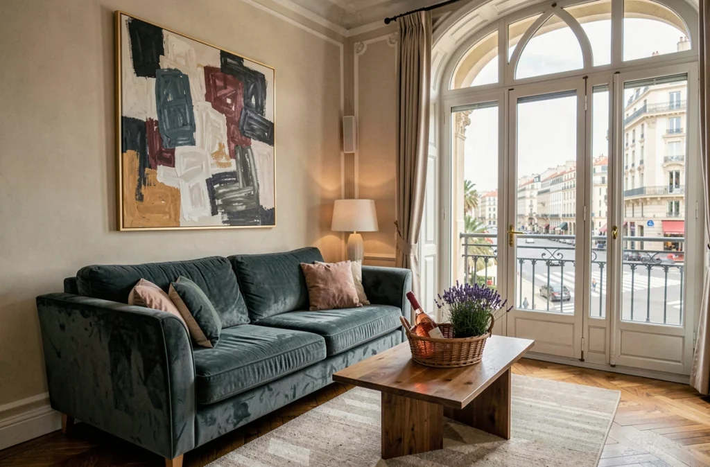 Appartement de location courte durée élégant à Cannes avec vue sur la Croisette, illustrant les services de gestion locative de l'agence Hostnlib