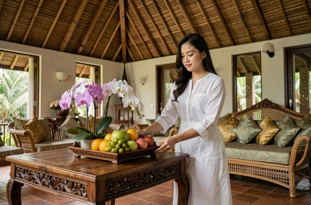 Intérieur traditionnel d'une villa thaïlandaise de luxe avec accueil floral et mobilier en teck sculpté