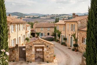 Vue panoramique d'un village provençal avec des toits en tuiles, des champs de lavande et une maison en pierre à louer, illustrant le marché de la location saisonnière en PACA