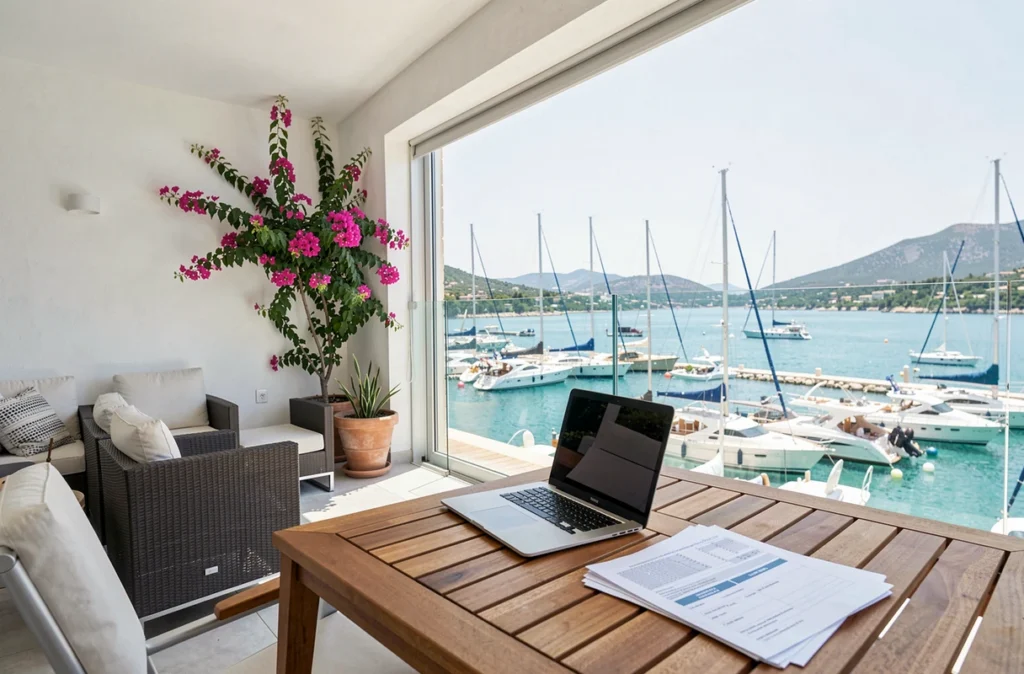 Terrasse d'appartement moderne sur la Côte d'Azur avec vue sur marina et documents de gestion locative LMNP, représentant l'agence LocazurCasa