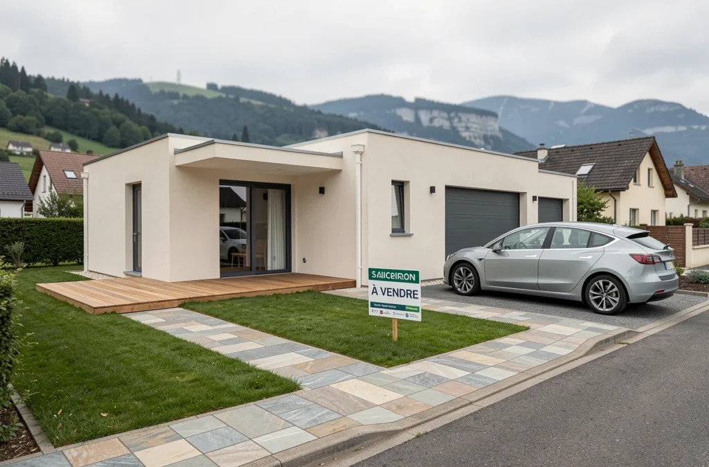 Maison contemporaine à vendre en périphérie de Voiron avec panneau de l'agence immobilière PROX'IMMO et vue sur les collines du Vercors