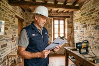 Diagnostiqueur immobilier professionnel inspectant une maison ancienne dans le Pas-de-Calais avec clipboard et équipement technique