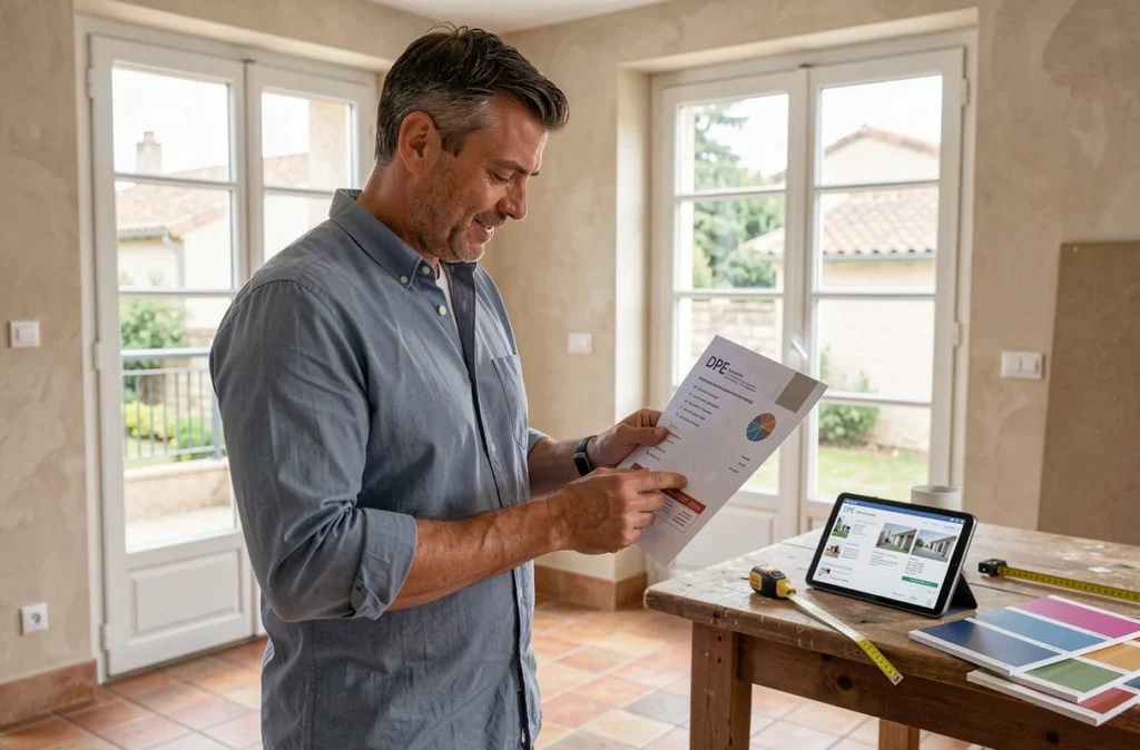 Gestionnaire immobilier examinant un diagnostic DPE dans un appartement provençal rénové, illustrant les services de Misao Immobilier en gestion locative PACA