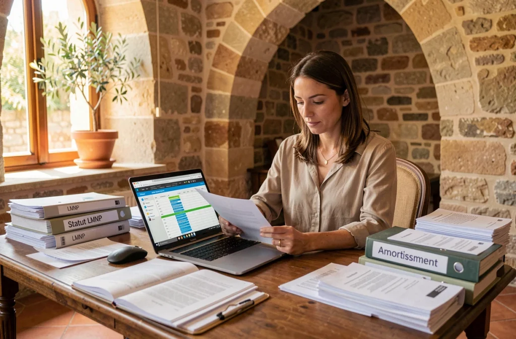 Conseillère fiscale étudiant des documents LMNP dans un bureau provençal ensoleillé, représentant l'accompagnement fiscal offert par OpenLMNP en Provence