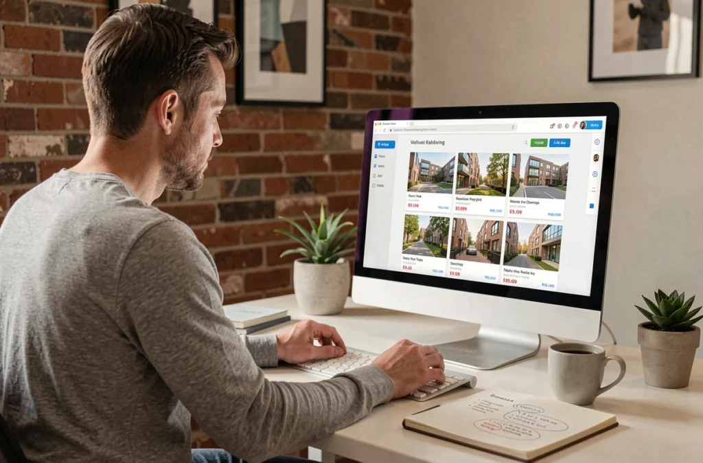 Homme effectuant une recherche d'appartement en ligne sur un ordinateur de bureau depuis son domicile