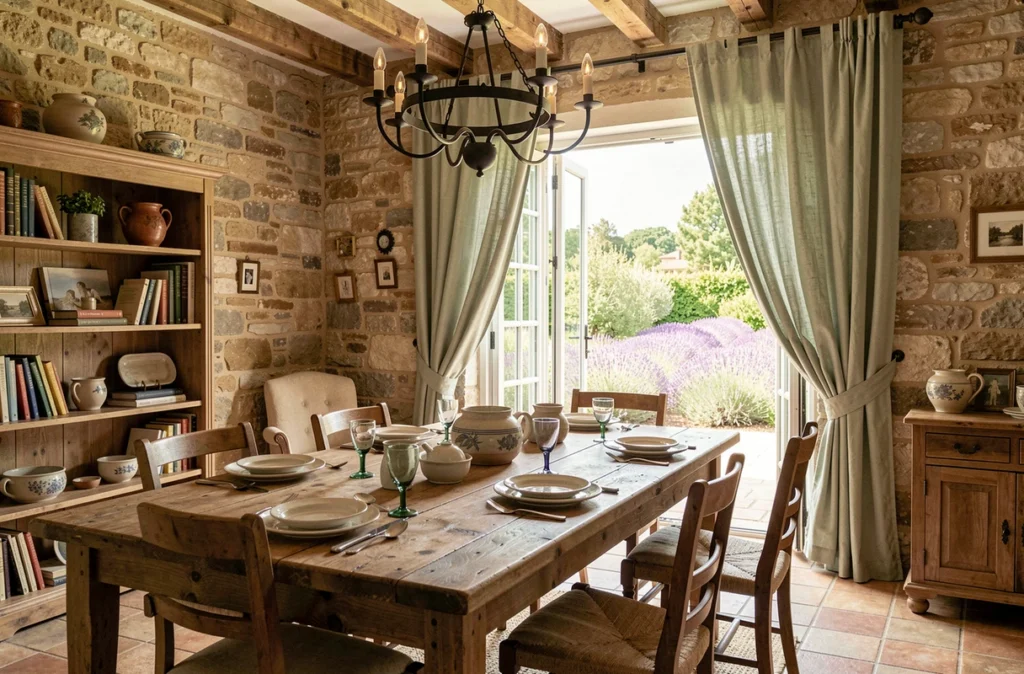 Intérieur luxueux d'une maison de maître en Provence avec table en chêne et vue sur jardin de lavande, représentant l'agence Time in Provence spécialisée en location haut de gamme