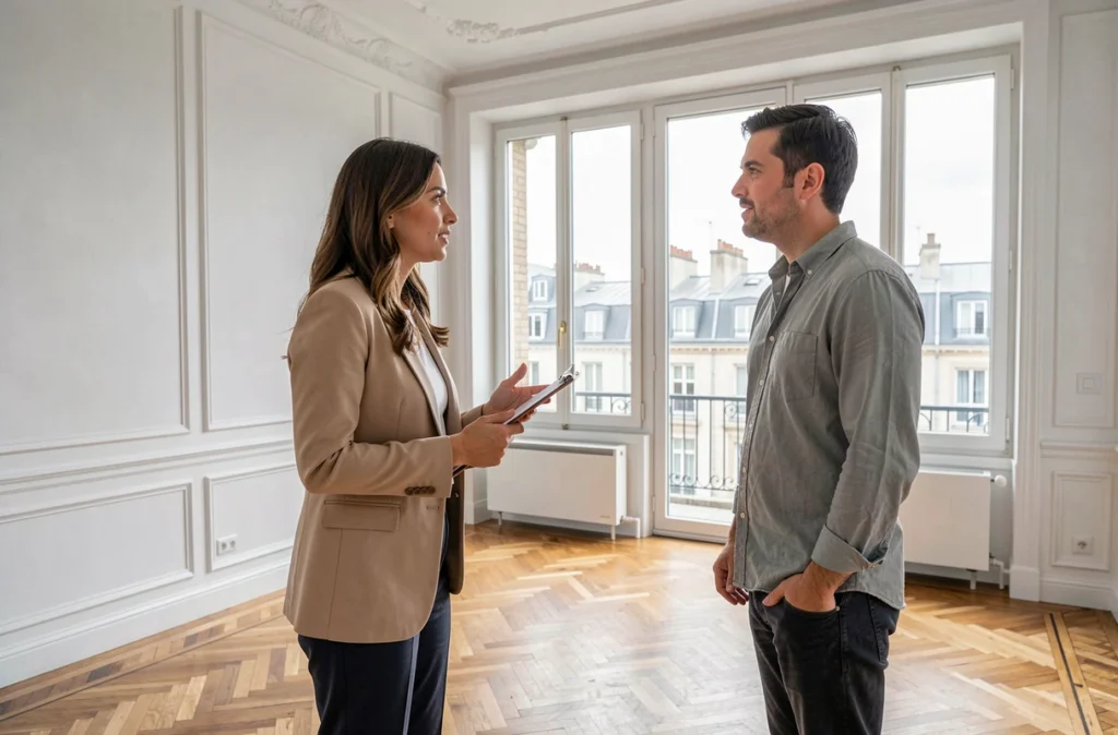 Agent immobilier présentant un appartement vide à un acheteur lors d'une visite à Paris