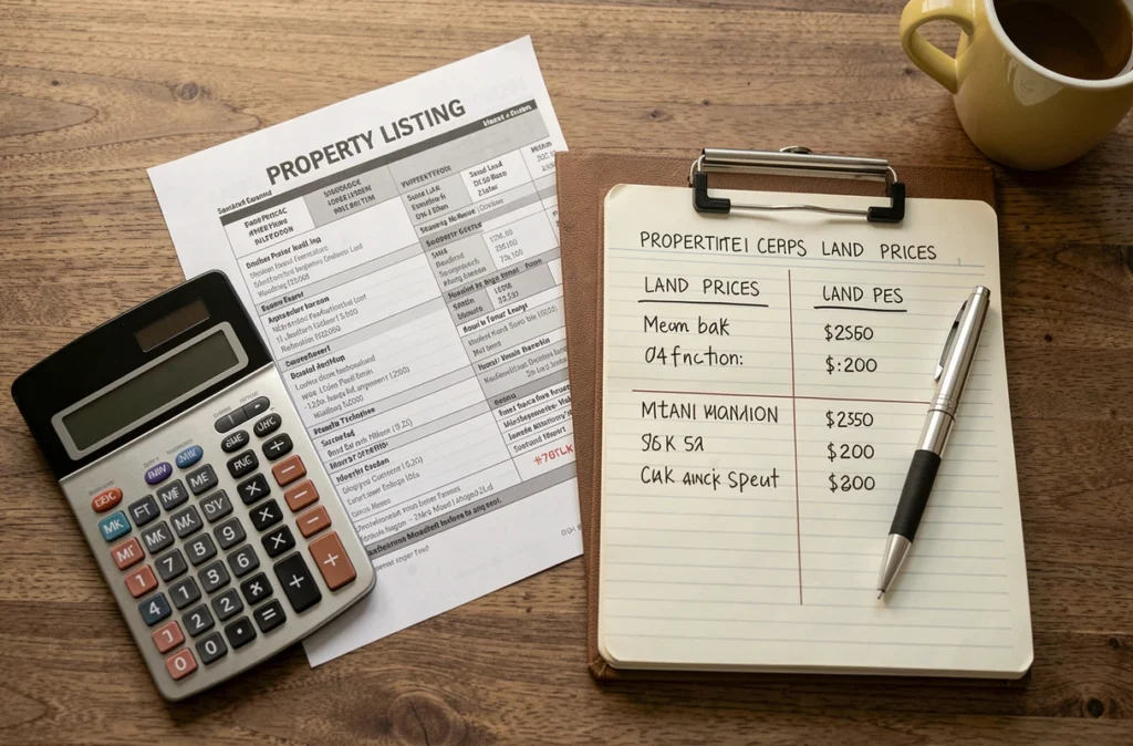 Annonces de terrains comparées avec une calculatrice sur un bureau