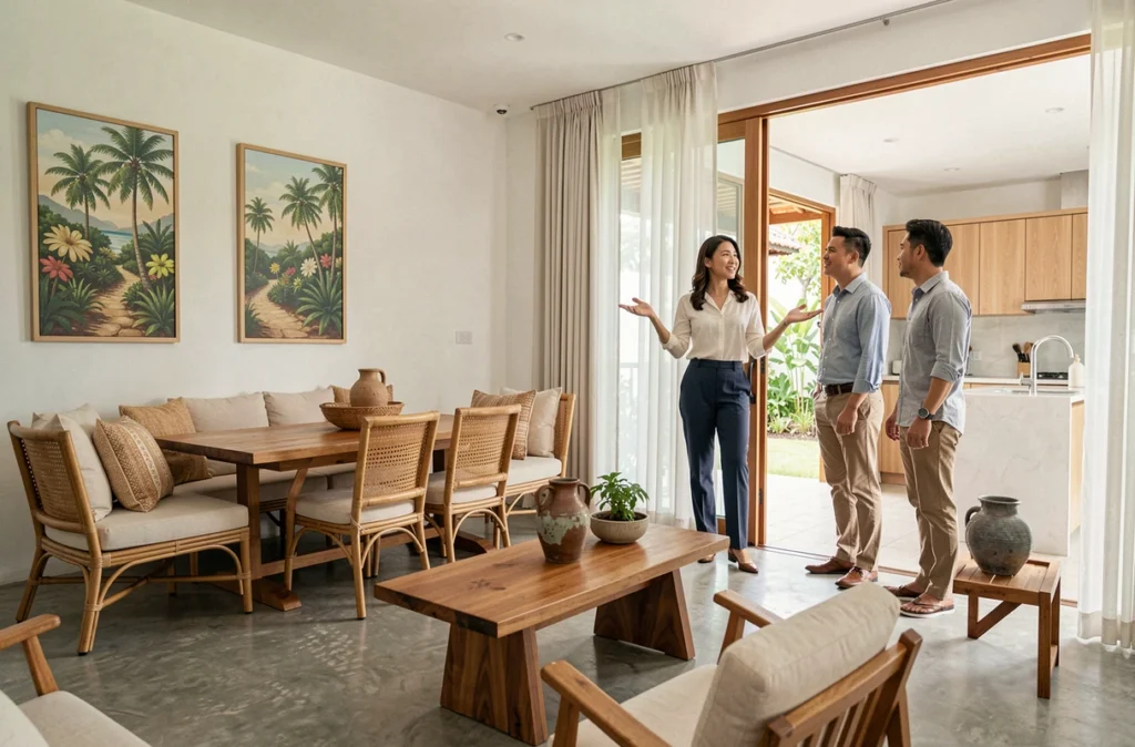 Intérieur d'une villa meublée clé en main à Koh Samui lors d'une visite immobilière avec acheteurs potentiels
