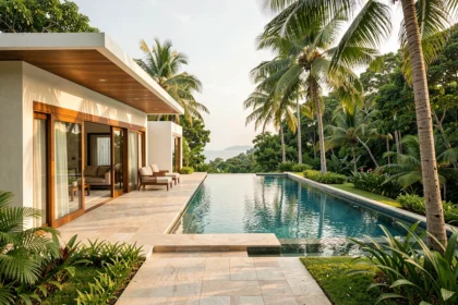 Villa de luxe clé en main avec piscine à débordement à vendre à Koh Samui, entourée de végétation tropicale